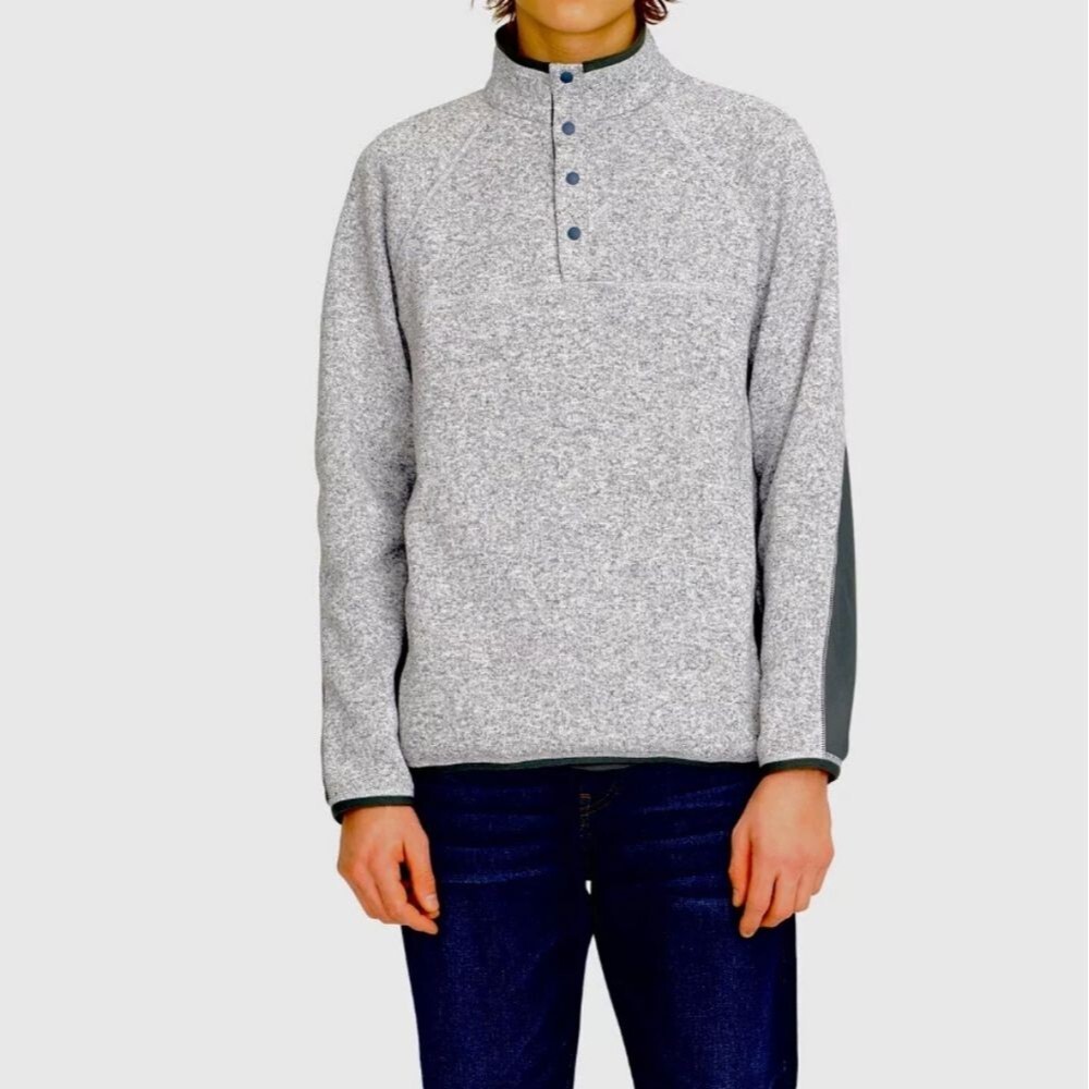 J.Crew Sweater Fleece Button Mock neck Pullover Sweatshirt Light Grey Nordic XL